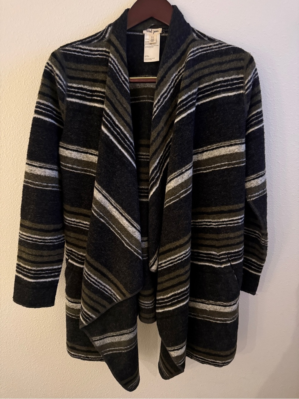 Tribal Jeans Striped Wool Blend Waterfall Cardigan Small Boho Cozy Coatigan